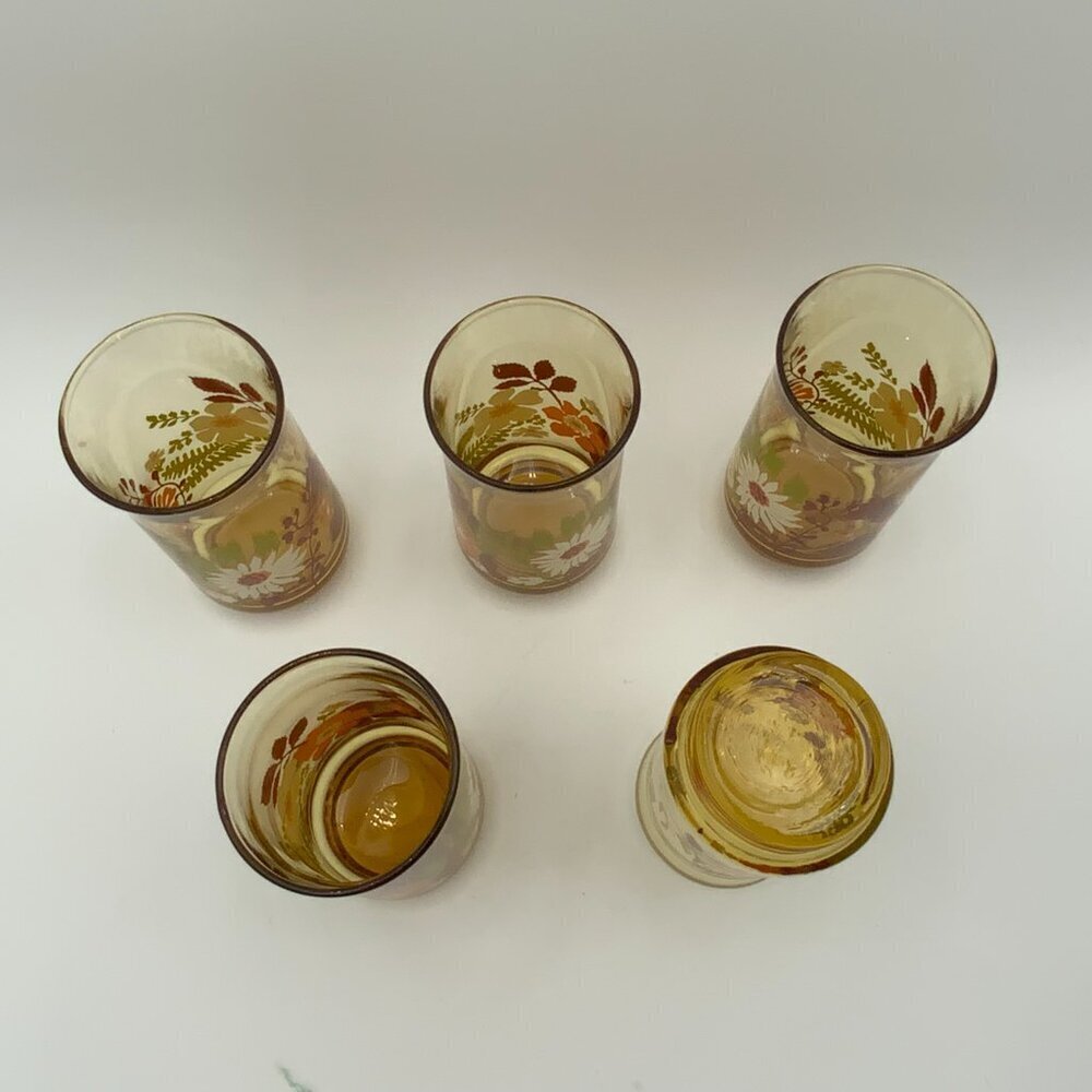 Set of 5 Vintage Libbey Daisy Amber Floral 10oz Glasses 5¼" Tall 1970's - Picture 6 of 6